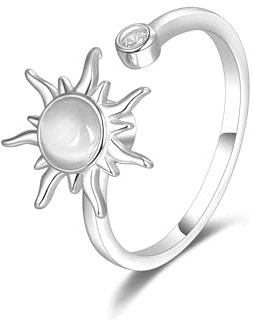 SILBERTALE Anillo giratorio de plata de ley 925 para ansiedad, anillo abierto ajustable, anillo de luna y estrella, anillo de sol con piedra lunar para mujer, Plata de ley, Piedra lunar