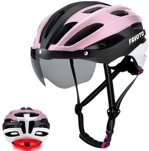 Favoto Casco da Bicicletta con Luce - Caschi Ciclismo per Uomo Donna Adulti con Luci Posteriori Circonferenza della Testa Regolabile Visiera Rimovibile L 57-61cm Nero Rosa