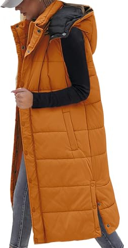 Vancavoo Gilet Donna Lungo Smanicato Invernale Giacca con Cappuccio Senza Maniche Caldo Piumino Lunga Imbottito Gilet con Tasche,Arancione,S