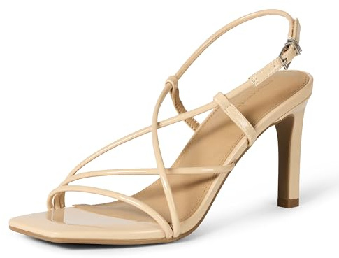 Amazon Essentials Women's Strappy Stiletto Heel Sandals, Beige Patent, 13