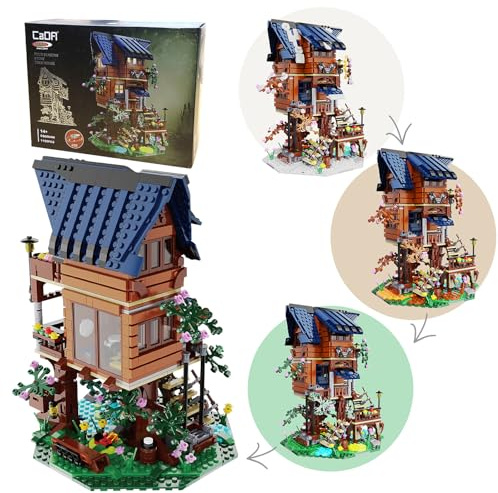JAMARA 402948 CADA Baumhaus 4 Jahreszeiten Bricks, Technik Geschenkidee, Set aus Klemmbausteinen, 4 Verschiedene Aufbauvarianten, LED Licht
