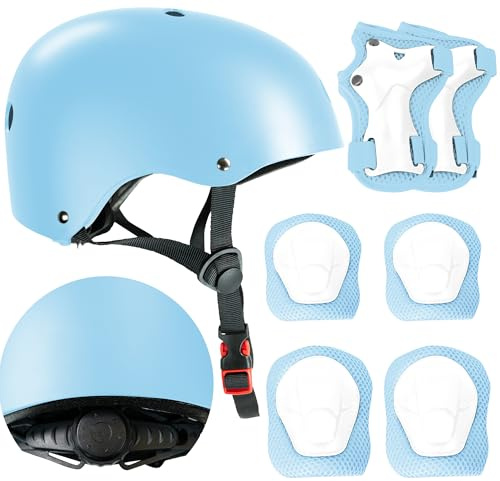 Kids Bike Helmet with Knee & Elbow Pads Set - Multi-Sport Helmet for Ages 3-12 - Toddler, Boys & Girls Protective Gear for Cycling, Skating, Scooter - Adjustable Design - Light Blue