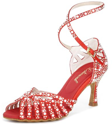 Latinsoul Y205-33 Scarpe da ballo latino da donna con tacco alto e strass eleganti e comode con cinturino regolabile alla caviglia per ballo da sala e salsa Colore Rosso,Formato 36 EU