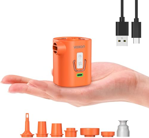 VOXON Portable Electric Pump with Camping Light, High Airflow 310L/min, Mini Electric Air Pump for Inflatables, 2000mAh Battery, Fast In/Deflating for Airbed, Pool Toys, Air Mattress, Vacuum Bags