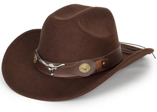 HilyBony - Sombrero de Cowboy occidental para mujer y hombre, sombrero Fedora clásico con ala ancha y cinturón de hebilla, L