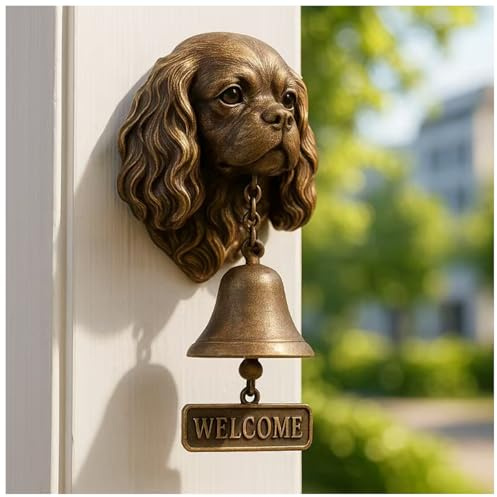 Cloche de bienvenue pour chien, Cloche de porte vintage en laiton avec sculpture de chien réaliste, cloche murale rustique pour entrée de maison, portail de jardin, magasin, terrasse, Charles Spaniel