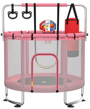 Maxbinton Trampolín Infantil de 140 cm para Interior y Exterior, Capacidad de Carga de 50 kg, con Red de Seguridad, Barra de Gimnasia Ajustable y aro de Baloncesto, Ideal para niños y niñas.