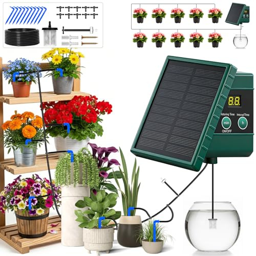 Onherm Kit di Irrigazione Automatica Solar, Irrigazione Solare a Goccia con 10M di Tubo, Automatica Irrigazione Sistema per Giardin, Balcone, Piante in Vaso