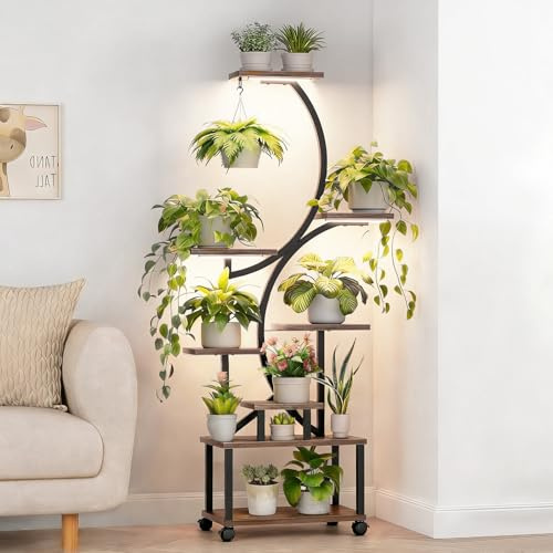 MeYuxg Soporte Plantas Interior con Ruedas, Estanteria Plantas con Luz de Crecimiento, Soporte Macetas para Múltiples Planta, para interior y exterior, Jardín, Balcón, Sala de Estar, Dormitorio