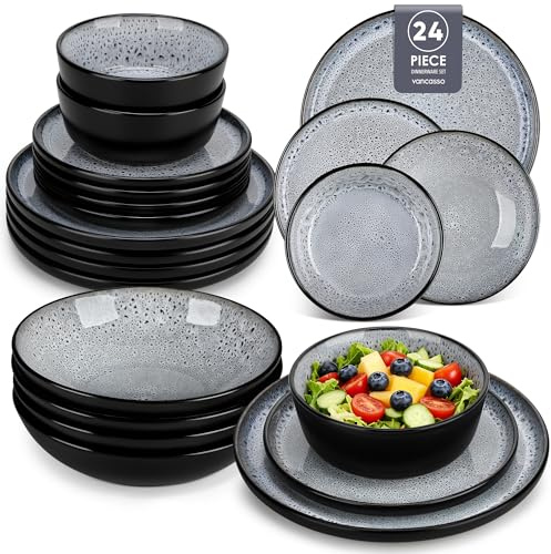 vancasso Bubble Grey 24 Piece Stoneware Dinner Set for 6, Reactive Glaze | 6 Dinner Plates, 6 Side Plates, 6 Cereal Bowls, 6 Pasta Bowls, 1140ml, Microwave & Dishwasher Safe