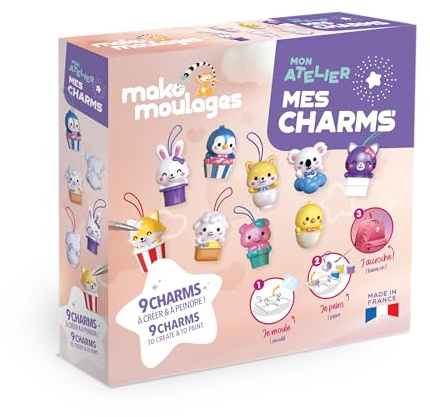 Mako Moulages - Mon Atelier Mes Charms - Kit Créatif DIY Complet - Moule 9 Figurines Animaux Kawaii en Plâtre - Création de Porte-Clés et Bijoux de Sac - Dès 8 Ans - Fabriqué en France