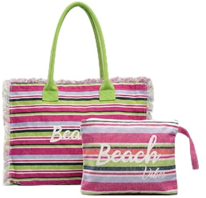 INTRECCI Set Spiaggia Borsa Mare e Pochette Coordinate – Shopper Spiaggia 100% Cotone con Tasca e Chiusura Zip – Pochette Leggera ed Ideale per Spiaggia e Piscina – Modello: Beach Vibes, Colore: Verde