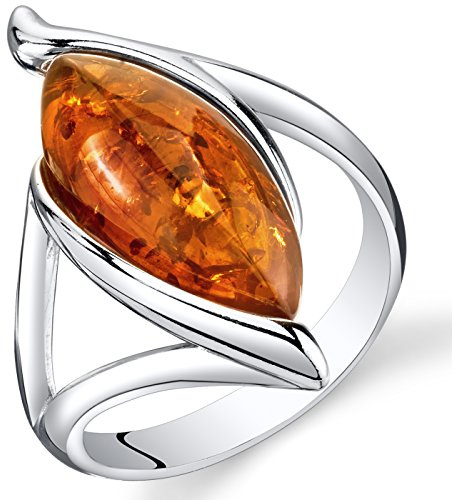 PEORA Genuine Baltic Amber Ring for Women in Sterling Silver, Rich Cognac Color, Marquise Shape Elliptical Solitaire, Comfort Fit, Size 7, Real Baltic Amber Ring for Adults,