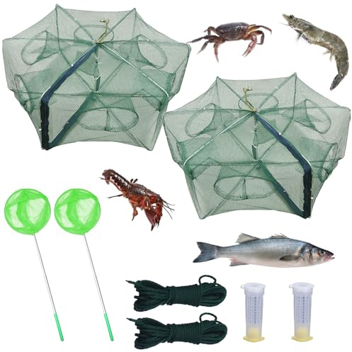2 Pcs Foldable Fishing Bait Trap,6Holes Cast Portable Minnow Trap Fish Trap Crab Trap Crawfish Trap Crab Crayfish Shrimp Net