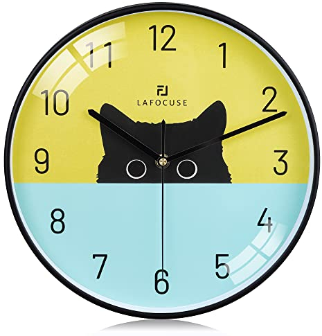 Lafocuse 12 Inch Silent Non Ticking Black Cat Wall Clock for Living Room Modern, Battery Operated Cat Clock for Kids Room Bedroom Office Kitchen