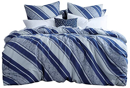 Aisbo Bettwäsche 200x220 Baumwolle Mikrofaser - Bettwäsche-Set Blau 200x220cm 3 teilig mit Streifen Muster, Polybaumwolle Gestreift Bettbezug 220x200 aus 50% Baumwolle 50% Polyester
