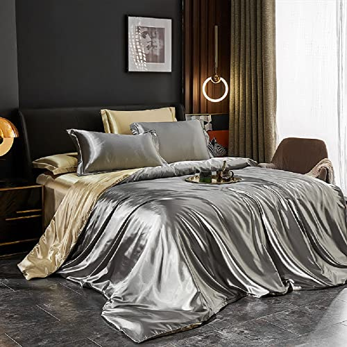Lanqinglv Luxe Housse de Couette Satin 240 x 260 cm Gris Or + 2 Taies d'oreiller 65x65cm Réversible Parure de Lit Adulte 2 Personnes Linge de Lit Satin de Soie Soyeux Brillante avec Fermeture Éclair
