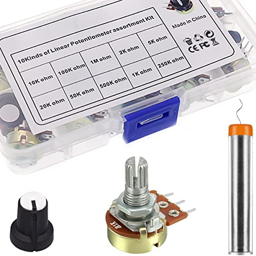 DAOKAI Kit de potenciómetro, B1K 2K 5K 10K 20K 50K 100K 250K 500K 1M Ohm Multiturn Trimmer Potenciómetro con perillas 3 terminales Linear Taper Rotary Audio, para control de volumen