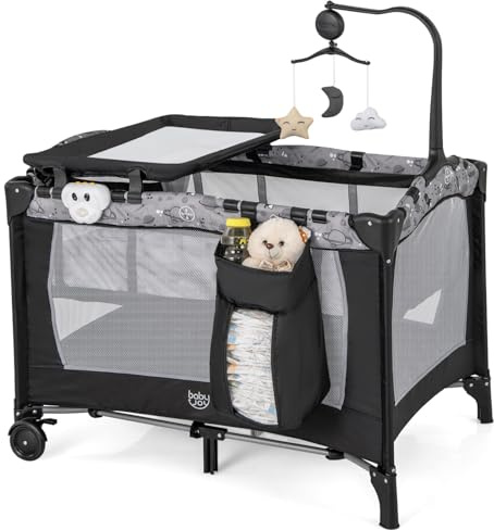 BABY JOY 3 in 1 Pack and Play, Portable Baby Playard with Bassinet, Changing Table, Lockable Wheels, Glowing Music Box, Travel Baby Crib Bassinet Bed from Newborn to Toddler