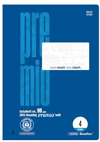 Staufen premio Schulheft - 4 Hefte je 16 Blatt, DIN A4, Lineatur 4 (9mm liniert), 90 g/m² Recyclingpapier, runde Ecken verhindern „Eselsohren“