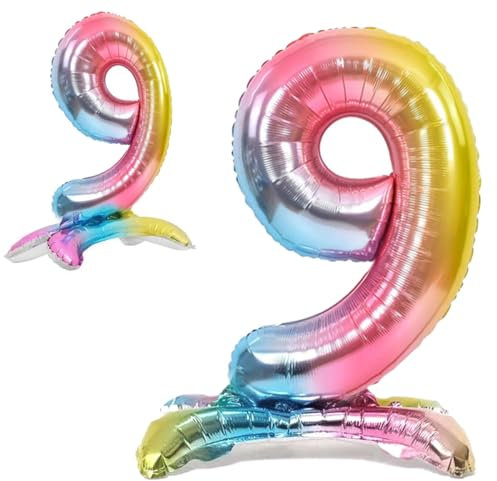 Palloncino 9° Compleanno Numero 9 Gigante Multicolore Pastello in Piedi, Palloncino XXL di 82 cm. Decorazione Compleanno. Ad Aria.