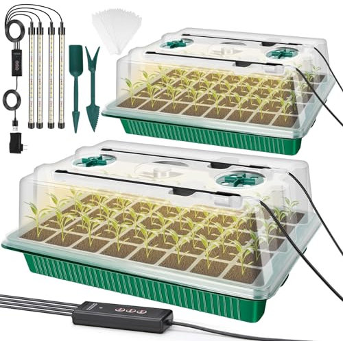 AVCXEC Zimmergewächshaus Anzuchtkasten mit Wachstumslicht, 2 Stück 80 Zellen Mini Gewächshaus mit 3 Zeitsteuerungen, Einstellbare Helligkeit Setzling Starter Tabletts, Treibhaus Anzuchtschale