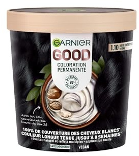 Garnier - Coloration Permanente - Sans Ammoniaque - 90% d'Ingrédients d'Origine Naturelle et Formule Vegan - Beurre de Karité - 100% Couverture Cheveux Blancs - Noir Intense Mûre (1.10) - Good