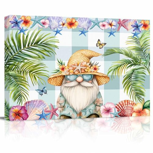 Tropical Dwarf Palm Tree Canvas Wall Art Gnomes Sea Star on Green Plaid Wall Painting Canvas Picture Prints Framed Artwork for Office Bedroom Bathroom Kitchen Home Decorations,16x12In