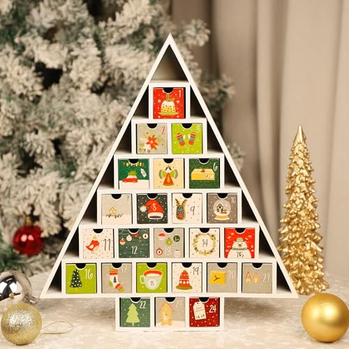 Teoytm Wooden Christmas Advent Calendar with 24 Drawers, Tree Shaped Countdown to Christmas Refillable Wooden Advent, White