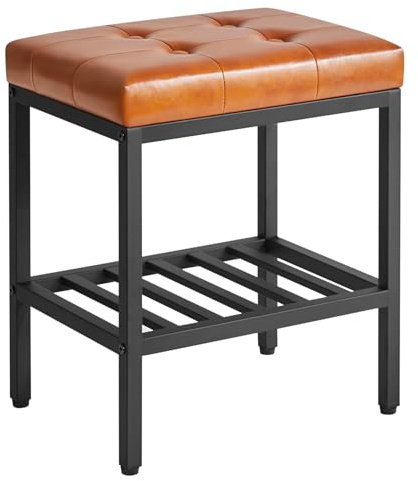 IBUYKE WBD017J Rektangulär sminkpall med justerbara ben och förvaringsutrymme, fotstöd, PU-sittmöbler, multifunktionell som litet sidobord eller ottoman för sovrum, ljusbrun