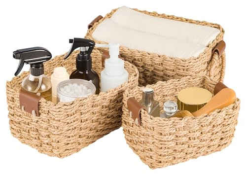 GREENSAPPIRE Woven Wicker Storage Baskets Set of 3 Paper Rope Storage Boxes, Decorative Bin Organizers for Cupboards, Drawers, Closet, Shelves Dresser