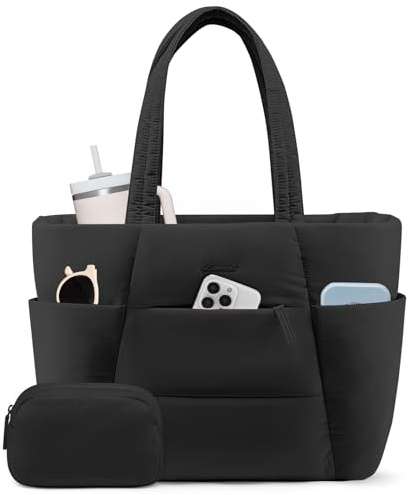 LOVEVOOK Puffer Tote Bag with 40oz Cup Holder, Large Work Tote Laptop Bag for Nurse Teacher, Shoulder Bag for Travel/Gym/Daily