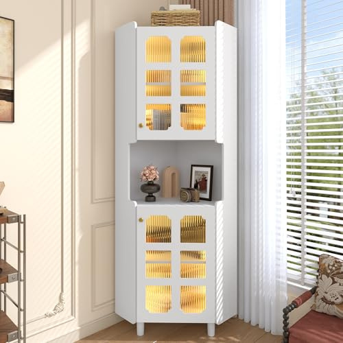 Terahanda Armario esquinero blanco con revestimiento lacado e iluminación LED – Cómoda de esquina multifuncional para salón, librería, baño, dormitorio, comedor, tablero de fibra de densidad media