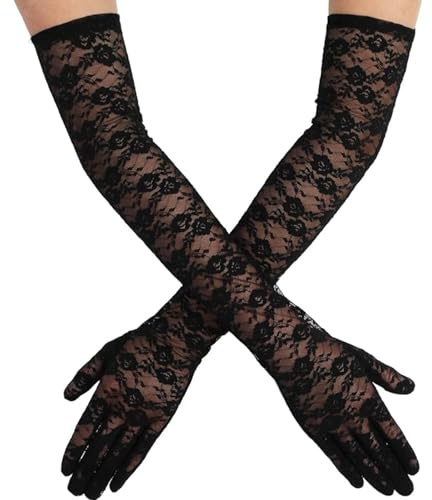 LEOUEANR 1 juego de guantes largos de encaje negro, diseño de ópera floral, longitud al codo, guantes de poliéster para fiestas de noche y ocasiones de boda