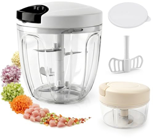 FACIACC Taglierina manuale per cipolle da 900 ml e set da 200 ml, con lame in acciaio inox, coperchio e frullatore, senza BPA, per verdure, frutta, aglio