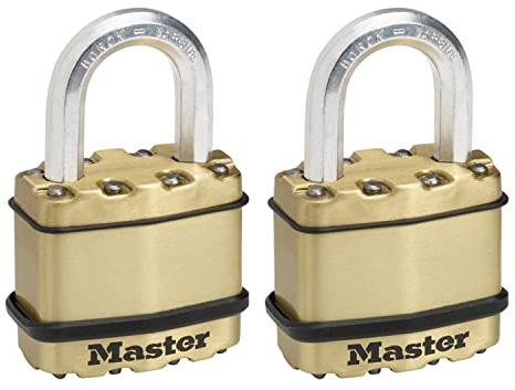 MASTER LOCK Pack of 2 High Security Padlocks, Security Level 8/10, Keyed, Outdoor, Laminated Steel/Brass Finish, Weatherproof, Standard Shackle