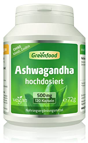 Ashwagandha, hochdosiert, 500mg - 120 Kapseln, vegan. Reines Ashwagandha (Withania somnifera) - wichtiger Pflanzenextrakt in der Ayurveda. OHNE künstliche Zusätze - laborgeprüft. Von Greenfood.