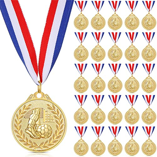 Yinkin 24 Pieces Soccer Gold Award Medals Set Soccer Metal Medals Participation Trophies with Red, White, and Blue Striped Ribbon for Sports Team Competition Participation Winner Prizes Awards Gift