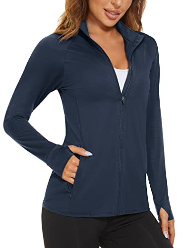 MAGCOMSEN Women's Lightweight Athletic Jacket Zipper Running Shirts Quick Dry Long Sleeve Sun Protection Shirts Navy S