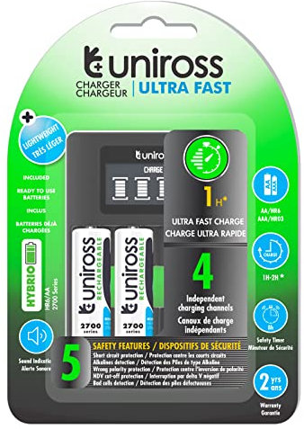 Uniross Cargador Ultra Fast AA/HR6 - AAA/HR03 + 4 baterías recargables AA 1,2 V 2500 mAh