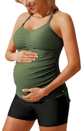 Maternity Two Piece Bathing Suits Top Ruched Athletic Modest Swimwear Army Green Solid M