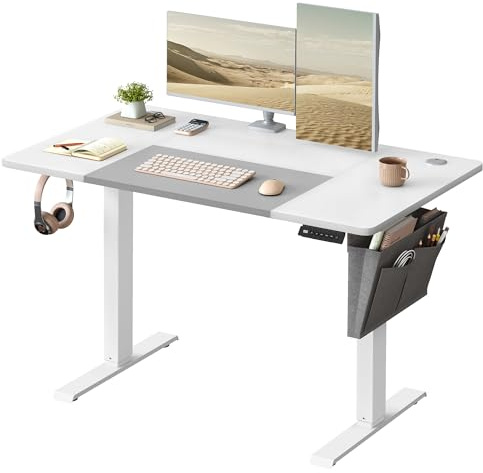 SONGMICS Höj och Sänkbart Skrivbord, 120 x 60 x (71-120) cm | Elektriskt Datorbord med 3 Minnesförinställningar, USB-C Port och Tygväska, för Hemmakontor, Vit, BALOK Kollektion LSD015W02