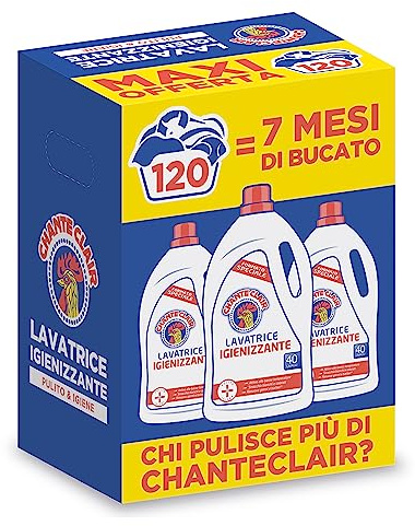 Chanteclair - Detersivo per Lavatrice Igienizzante, Rimuove Germi e Batteri, Bucato Pulito e Igienizzato - 3 Flaconi da 1800 ml