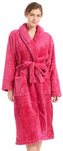 Inner Wish Womens Plush Fleece Robe, Highly Absorbent Cozy Warm Bathrobe Fuzzy Female Spa Robe With Pockets, ROSE RED, L/XL