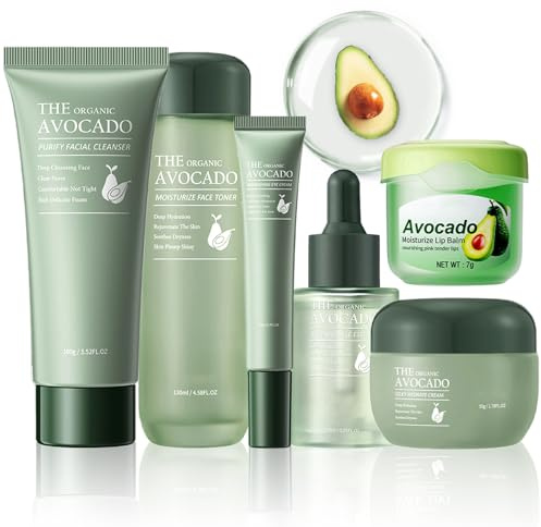 Avocado Skin Care Set, 6-In-1 Skincare Gift Set For Women Girls - Cleanser, Serum, Face & Eye Cream, Toner, Lip Balm, Face Skin Care Set For Women, Anti-Aging Skin Care Kit Smooth Firming Skin