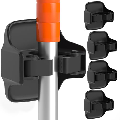 reliahom 5 Pack Broom Holder Wall Mount Mop Grippers No Drilling Self Adhesive Anti-Slip Mop Handle Hanger Dustpan and Broom Organizer Garage Storage Racks-Black