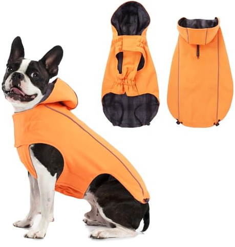 Vejaoo Impermeable para Perros, Tiras Reflectantes Larga Impermeable para Perros, Chaqueta Ajustable para Perros con Capucha para Lluvia, Adecuado para Perros Pequeños y Medianos XZ015(Naranja,S)