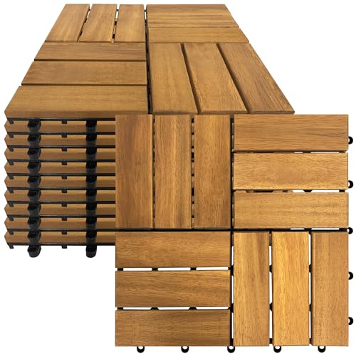PEILU Baldosas de Madera de Acacia para Terraza 30x30cm Losetas Placas con Red de Drenaje de Plástico Resistentes a Intemperie Juego de 11 Revestimientos para Suelo de 1m² Exterior Balcón (Tipo B)
