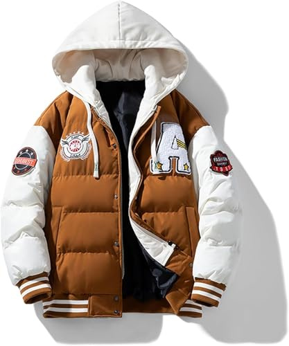 Veste d'hiver pour Hommes Hip Hop Fashion Varsity à Capuche en Patchwork Fausse Veste de Baseball Lettre brodée Veste de Baseball Fausse Veste à Capuche en Deux pièces (Kaffee,XL)