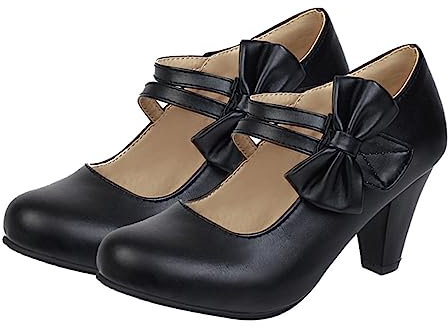 LIFKOME Bow High Heels Chunky Light Mouth Lady Stylish High Heels Woman Pumps Shoes for Evening Party Occasion Black